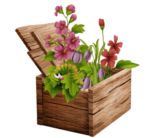 Caja de madera con flores - zdarma png