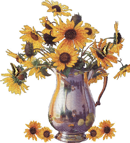 Blumen, Kanne, Schmetterlinge - Бесплатный анимированный гифка