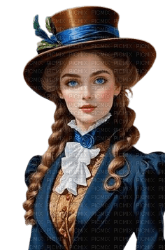 steampunk woman blue brown hat - png ฟรี