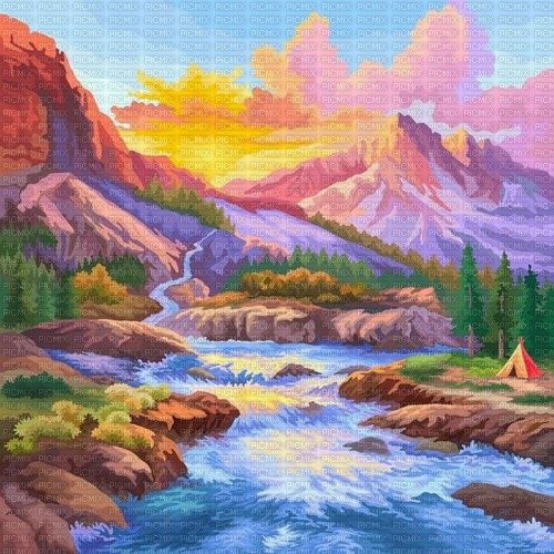 painting landscape mountains river background - безплатен png