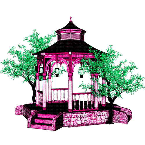 Asian Pagoda.Pink.Green - PNG gratuit