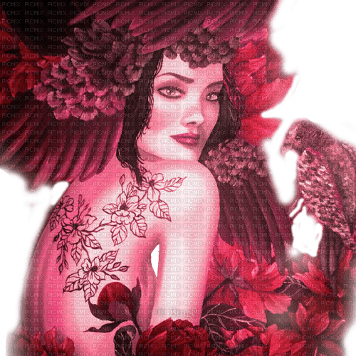Y.A.M._Fantasy woman girl bird red - ilmainen png