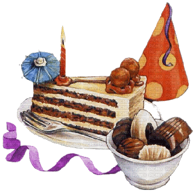 Geburtstag, Torte, Pralinen, Hut - Free animated GIF