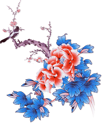 soave deco branch flowers oriental blue orange - zdarma png