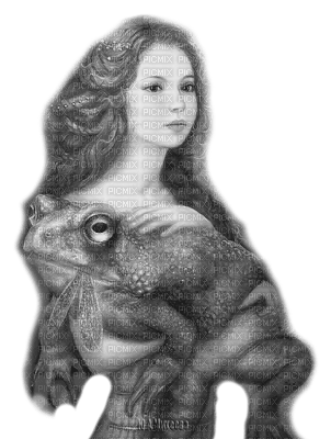 Y.A.M._Fantasy woman girl toad frog black-white - Free PNG
