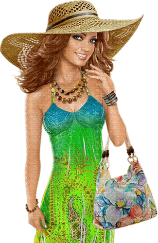 Woman with hat and summer dress. Handbag. Leila - ilmainen png