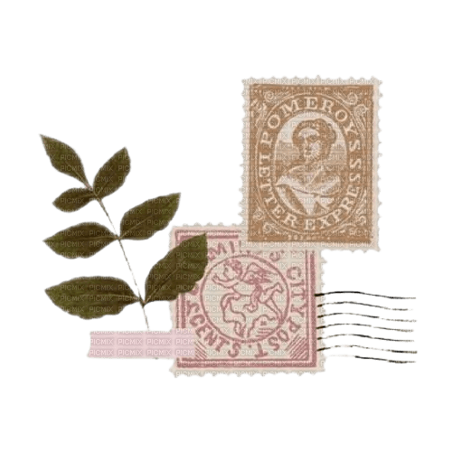 vintage stamps and leaf stem - png ฟรี