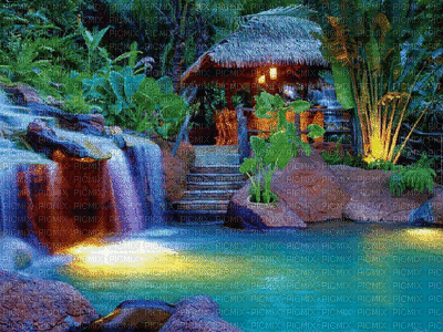 jungle house waterfall water see lac lake island ile spring printemps fond  background summer ete image paysage landscape gif anime animation animated,  jungle , house , waterfall , water , see ,