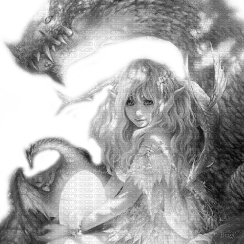 Y.A.M._Fantasy anime girl dragons black-white - png ฟรี
