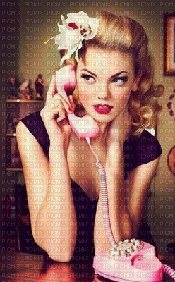 Vintage Lady on Pink Phone - 無料png