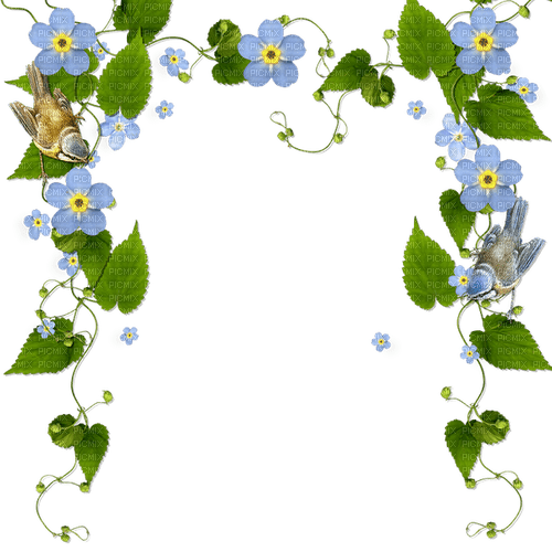 Blue Flowers.Cadre.Frame.Bird.Victoriabea - Free PNG