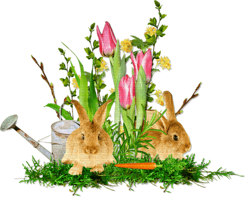Easter.Spring.Cluster.Rabbits.Tulips - nemokama png