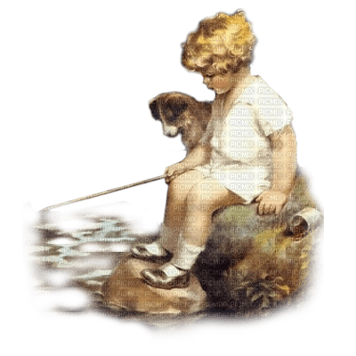 niña perro vintage pescando dubravka4 - png gratuito