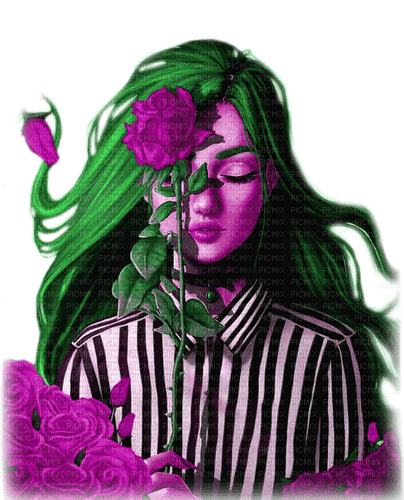 Woman.Roses.Fantasy.Green.Purple - KittyKatLuv65 - gratis png