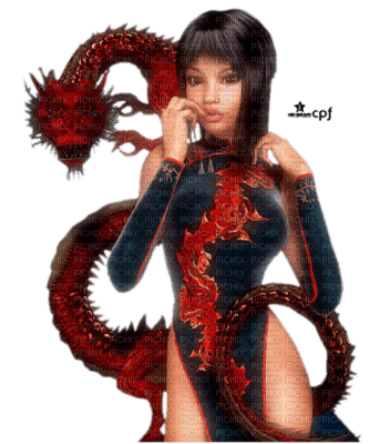 femme asiatique & son dragon - PNG gratuit