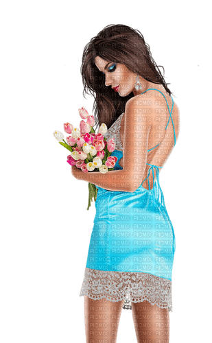 Woman in turquoise with tulips. Leila - ücretsiz png