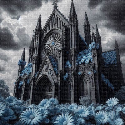 Gothic Cathedral with Blue Daisies - 免费PNG