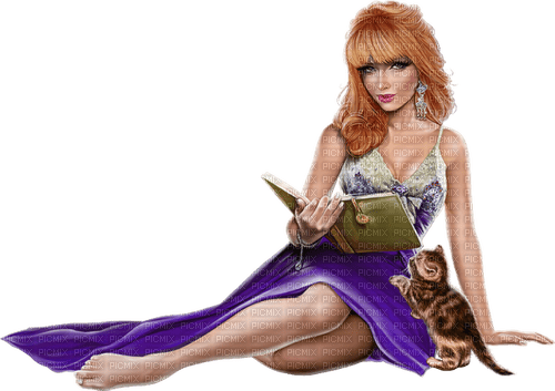 Woman reading. Cat. Book. Leila - besplatni png