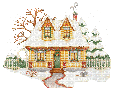 winter hiver house hut maison snow neige - Gratis animerad GIF