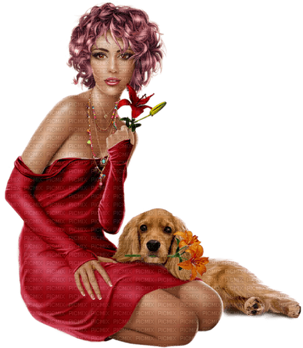 woman femme fleur chien rouge - png grátis