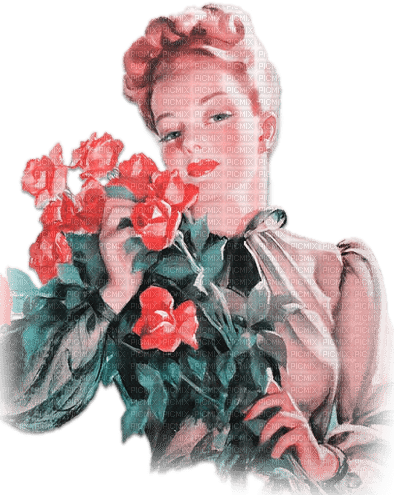 soave woman vintage flowers rose pink teal - png ฟรี