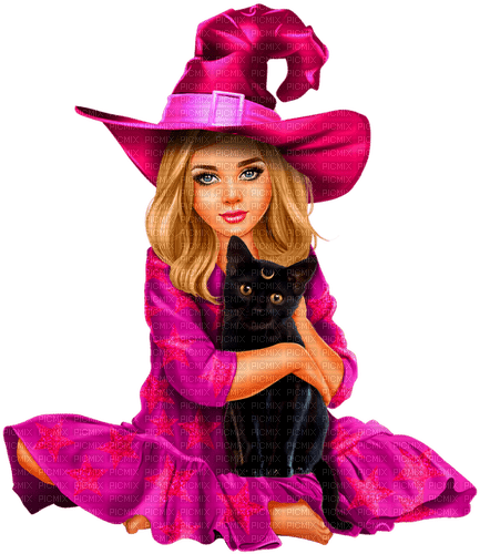 Girl.Witch.Child.Cat.Halloween.Purple.Pink.Black - png grátis