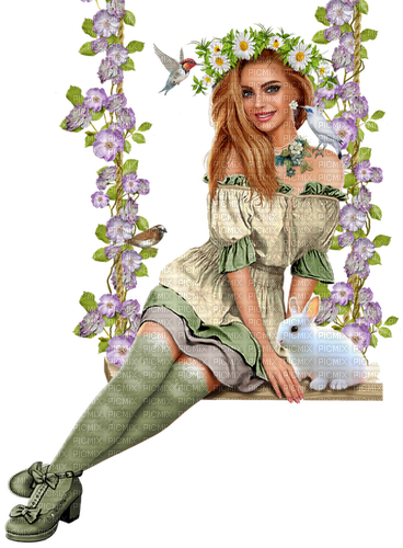 Woman on a swing. Spring and birds. Leila - png gratis