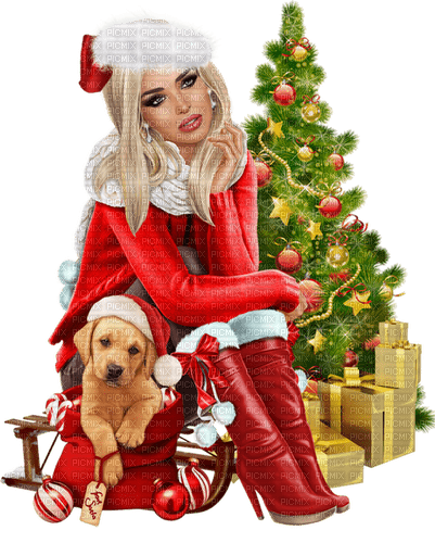 Christmas. Women. Dog. Christmas tree. Leila - 免费PNG