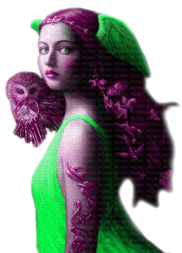 Woman.Owl.Fantasy.Purple.Green - KittyKatLuv65 - 免费PNG