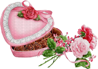 Coeur Saint Valentin boîte chocolat fleurs roses rouges Debutante - GIF animé gratuit