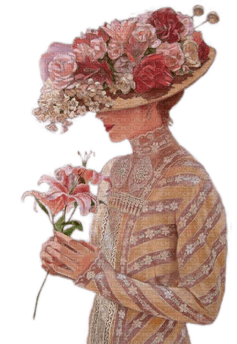 Vintage Lady, Blumenhut, Apricot - gratis png