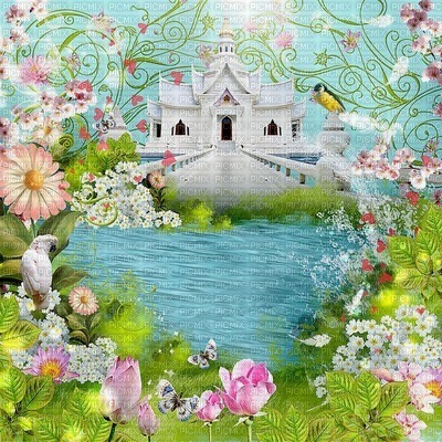 spring printemps  paysage landscape fond background see lac lake flower fleur house - Free PNG