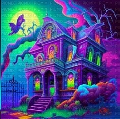 neon halloween background house - png gratis