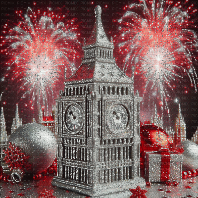 Big Ben Fireworks Silver and Red - Бесплатный анимированный гифка
