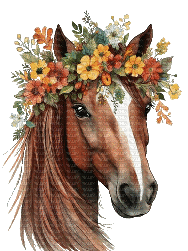 cheval, fleurs, été, horse, flowers, summer, - 無料のアニメーション GIF