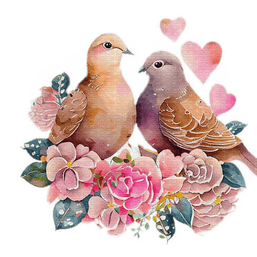 Zwei Vögel, Blumen, Herzen - png grátis