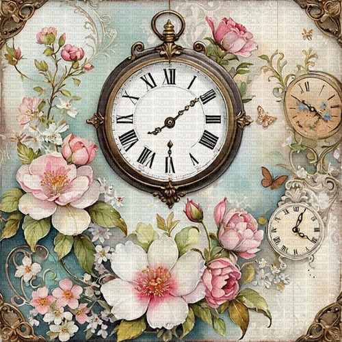 springtimes pink teal clock vintage background - png gratuito