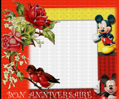 multicolore image encre animé effet oiseaux fleurs briller Mickey Disney anniversaire mariage printemps edited by me - GIF animé gratuit