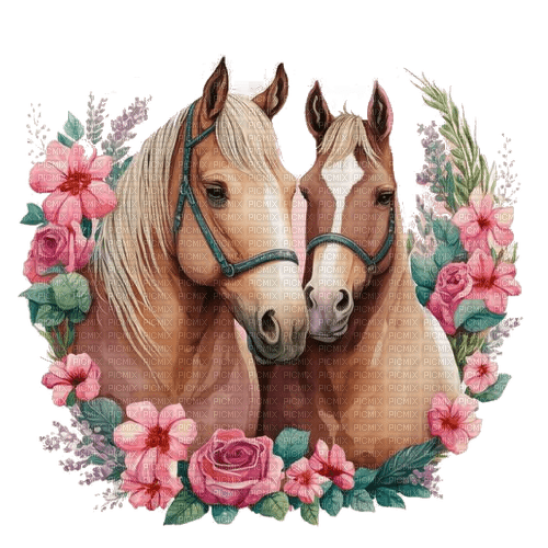 Zwei Pferde, Blumen - ingyenes png