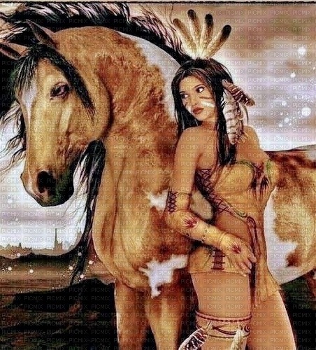 native girl with horse - PNG gratuit