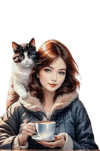 woman cat coffee larissa - zdarma png