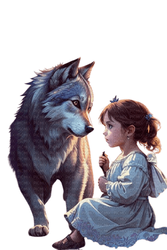 Girl and wolf, fantasy - ücretsiz png
