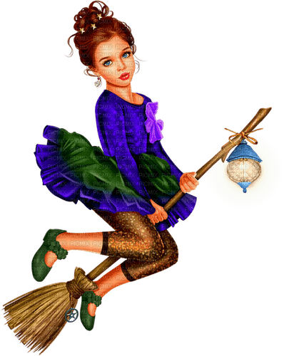 Girl.Witch.Child.Broom.Halloween.Purple.Green - Free PNG