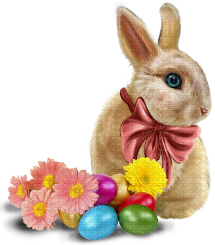 Rabbit.Eggs.Flowers.Brown.Pink.Yellow - gratis png