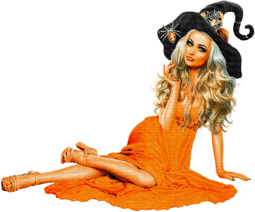Woman.Witch.Halloween.Orange.Black - bezmaksas png