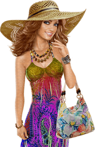 Woman with hat and summer dress. Handbag. Leila - gratis png