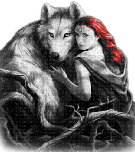 soave woman gothic fantasy wolf black white red - gratis png