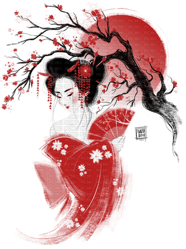woman geisha red branch tree asian - gratis png