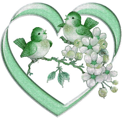 Green Birds with Flowers and Heart Glitter - Free animated GIF