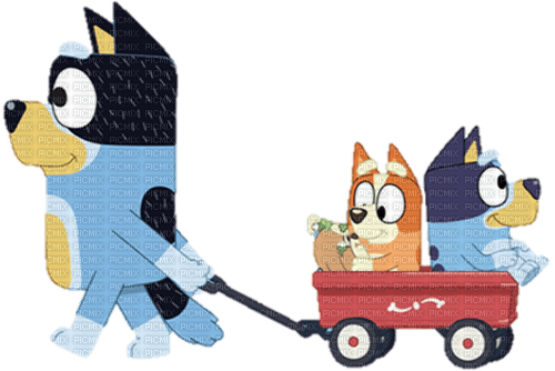 Bandit pulling Bluey and Bingo in a wagon - gratis png